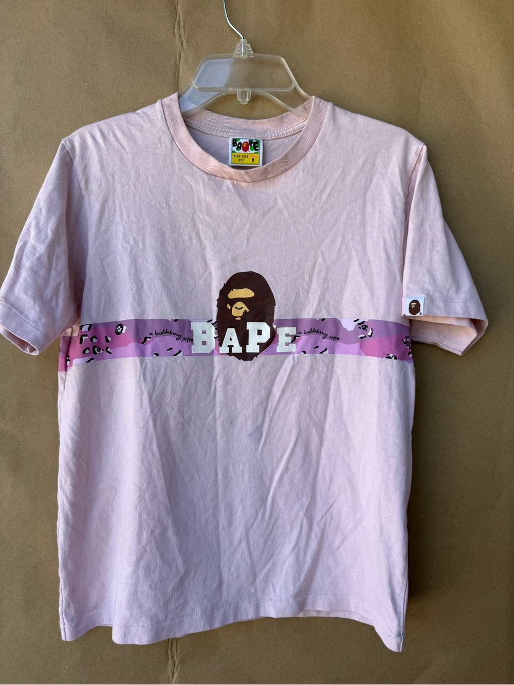 BAPE Pink Color Camo Tape Ape Head Graphic Tee Shirt M